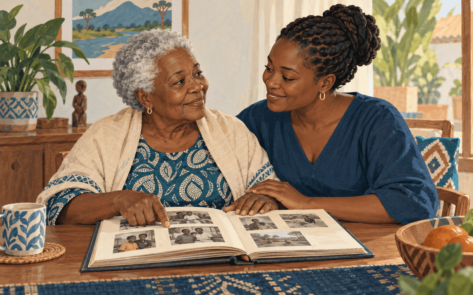 Illustration : une femme âgée et une proche partagent un moment autour d’un album de famille.
