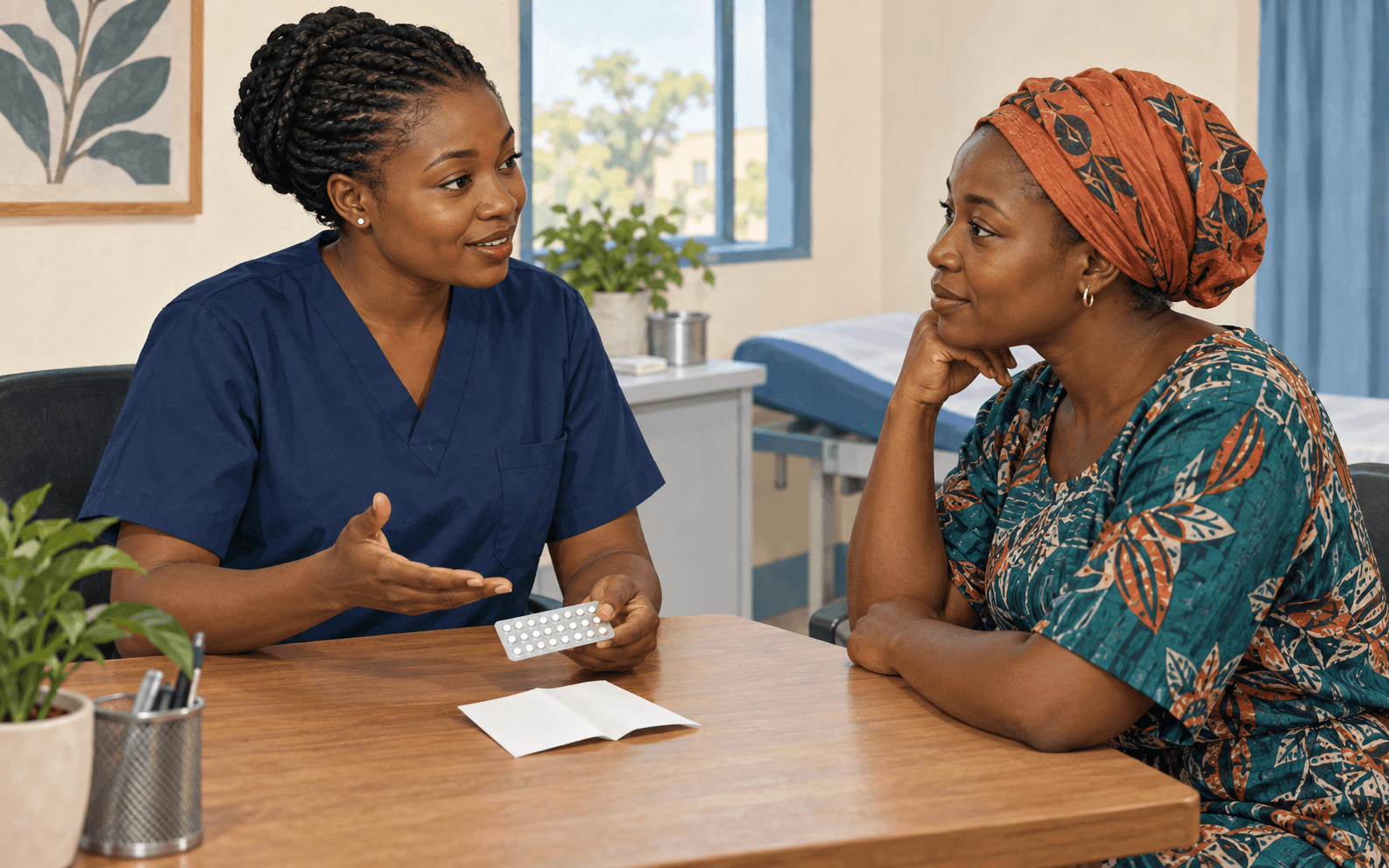 Illustration : échange entre une professionnelle de santé et une femme sur la contraception.