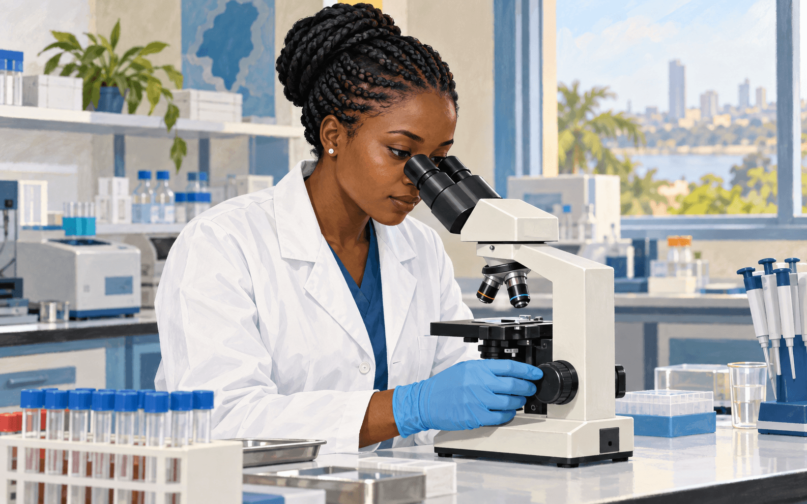 Illustration : une professionnelle de laboratoire utilise un microscope.